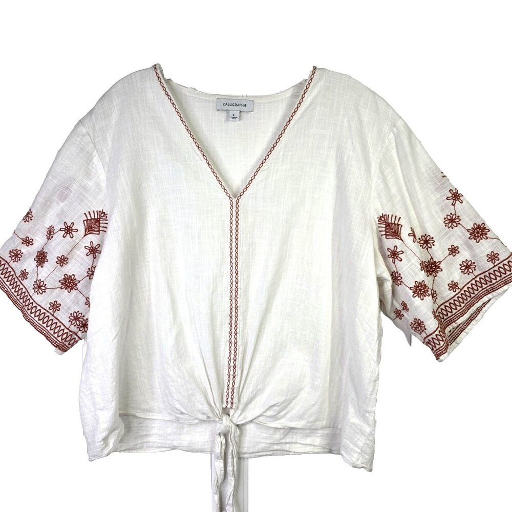 Calligraphie Blouse Womens Large White Gauze Embroidered Tie Boho Peasant Top